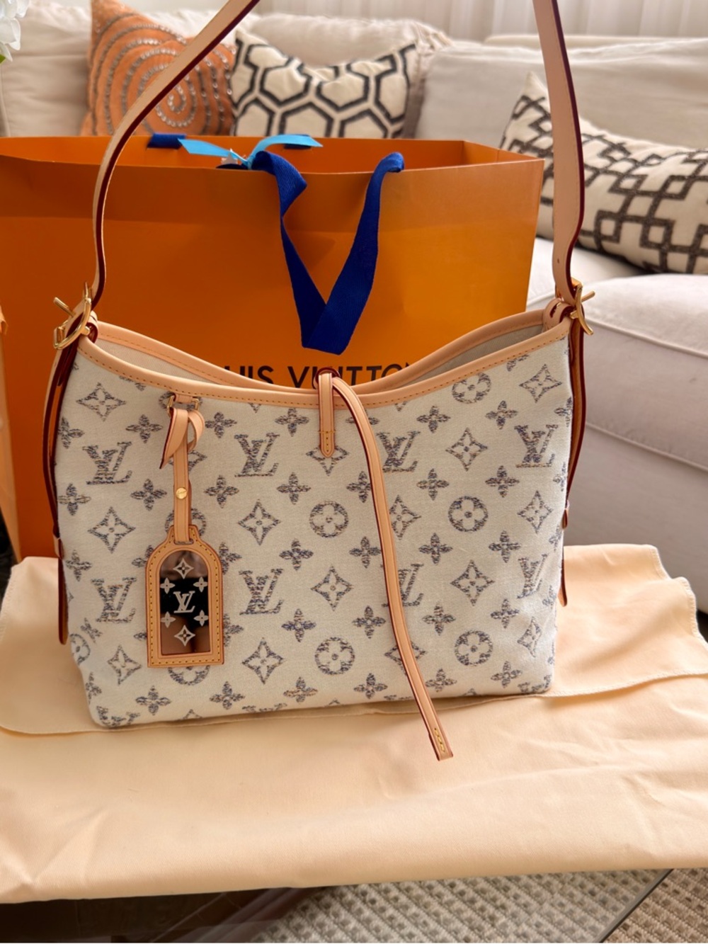 LV White Monogram Denim Shoulder Bag with Tan Trim